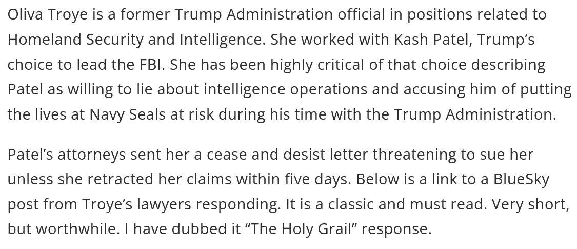The image is a plain white background with black text describing Oliva Troye's criticism of Kash Patel, her subsequent legal…