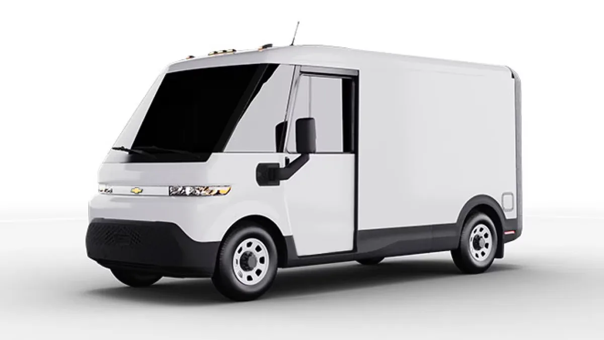 A white Chevrolet box van with a modern, minimalist design is shown against a plain white background. The vehicle features a…