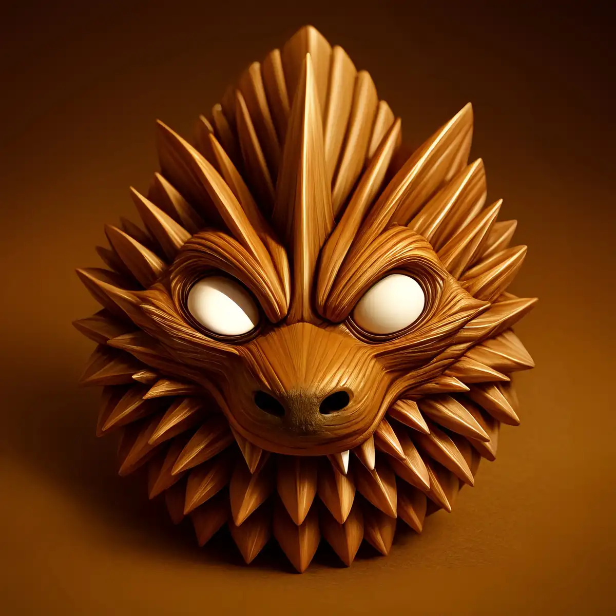 A highly detailed, golden-brown wooden sculpture of a durian fruit's spiky exterior, carved to resemble a fierce…