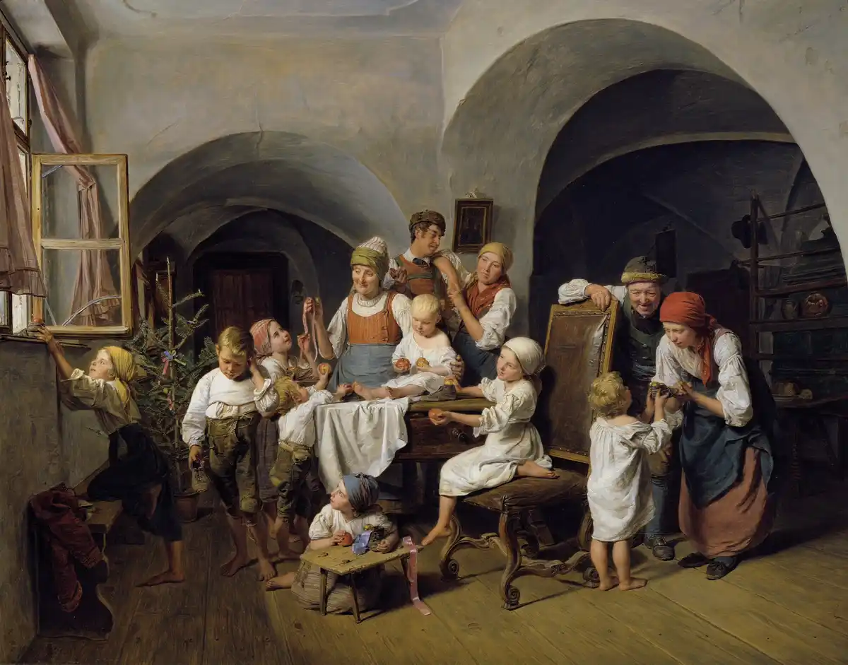 A classical painting depicts a crowded, warmly lit rustic room with adults and children gathered around a small decorated…