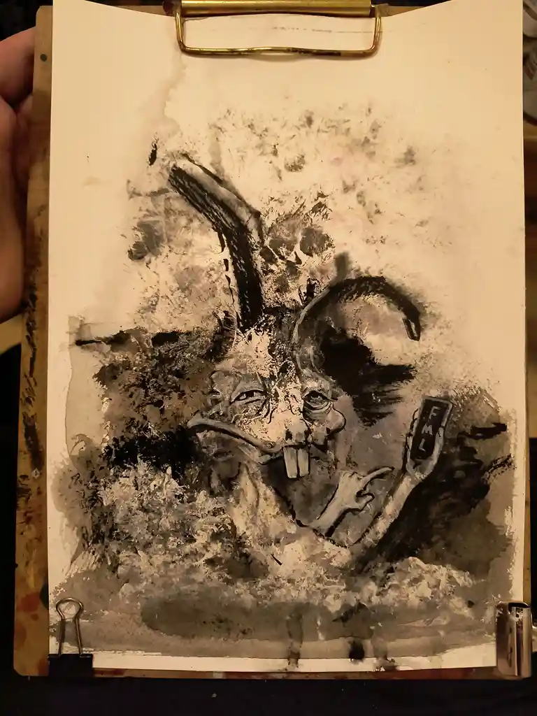 A hand holds a clipboard displaying a messy, abstract watercolor painting of a grotesque, rabbit-like creature with long…