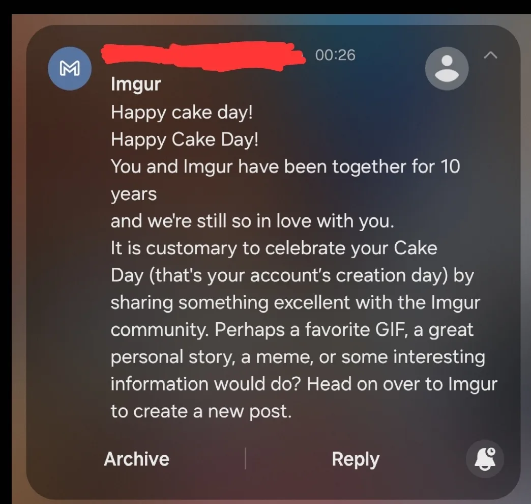 A screenshot of an Imgur notification celebrating a user's 10-year anniversary with the platform, styled like a romantic…