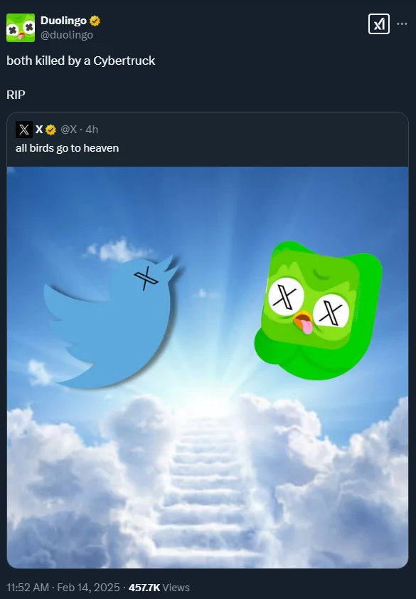 A screenshot of a Duolingo tweet showing a blue Twitter bird and a green Duolingo owl, both with X's for eyes and tongues…