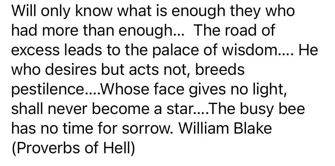 The image displays a plain white background with black text quoting William Blake's 'Proverbs of Hell'. The text is…