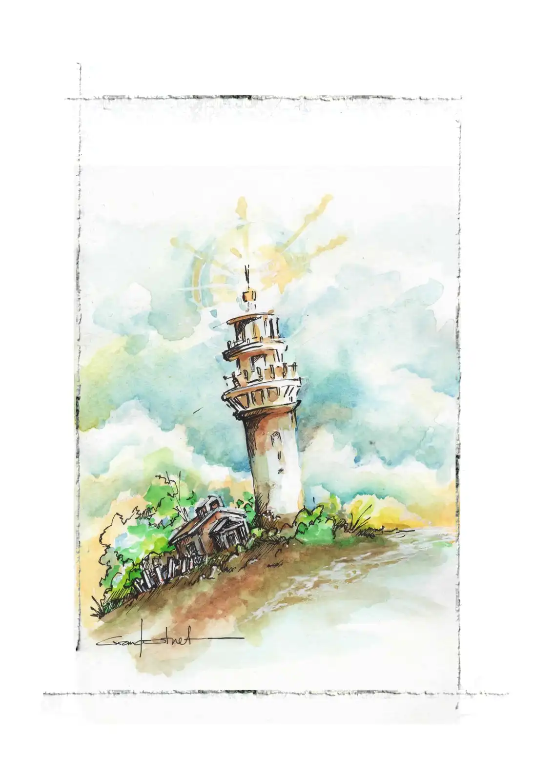 A watercolor painting depicts a lighthouse on a rocky shore with a small building nearby, under a cloudy sky with a stylized…