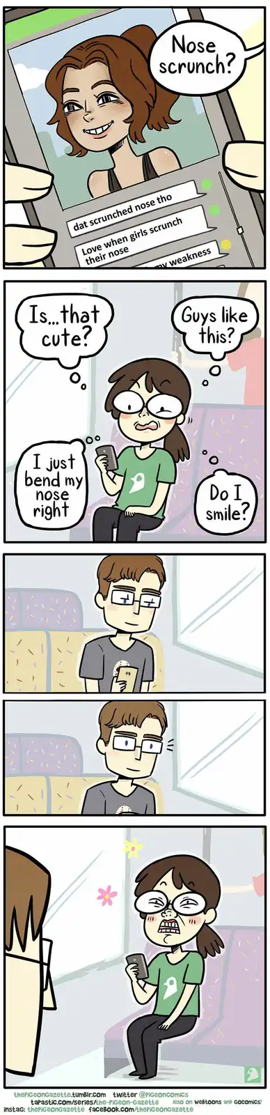 A four-panel comic shows a woman reading text messages praising her 'nose scrunch' and then anxiously trying to replicate…