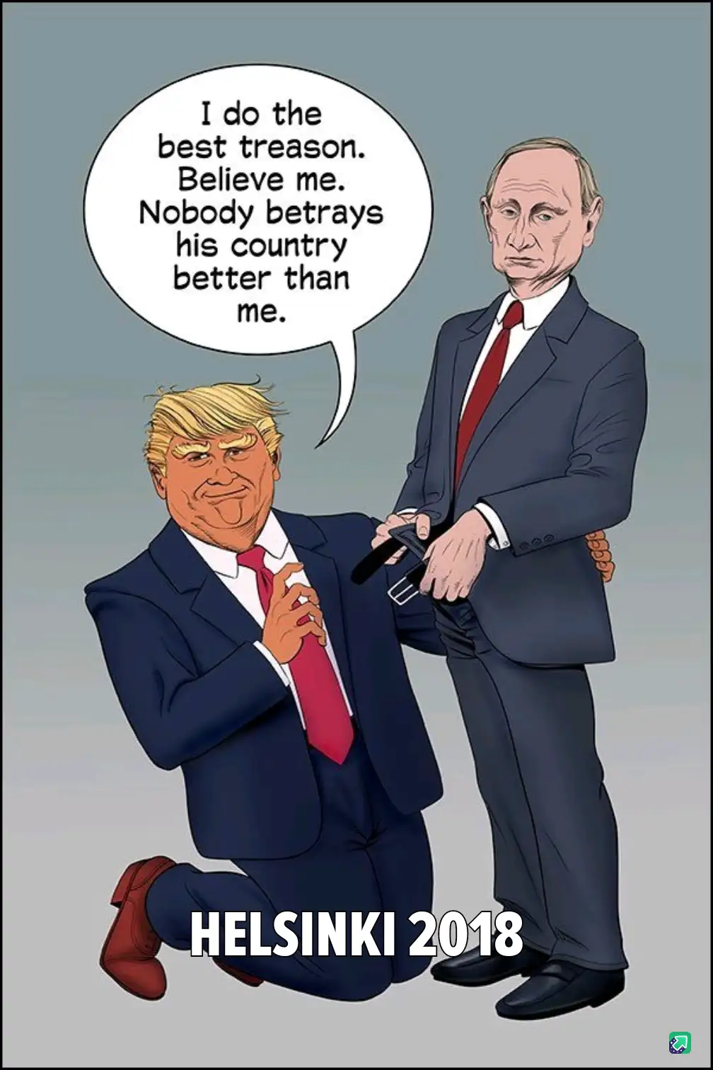 A cartoon depicts Donald Trump kneeling before Vladimir Putin, who holds a gun to his head. Trump speaks in a speech bubble…