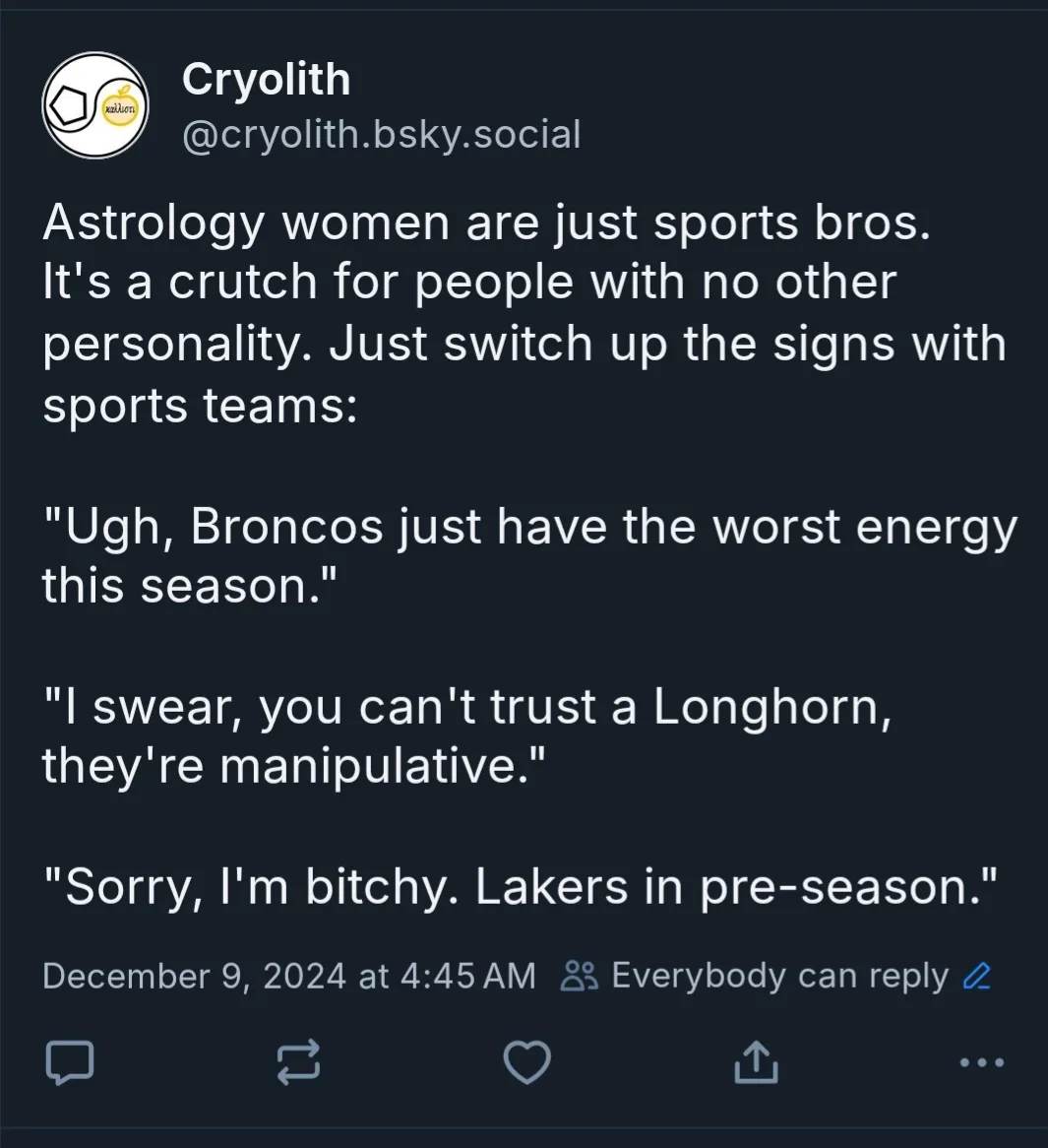 A screenshot of a social media post with a dark background and white text. The post, by user 'Cryolith', argues that…