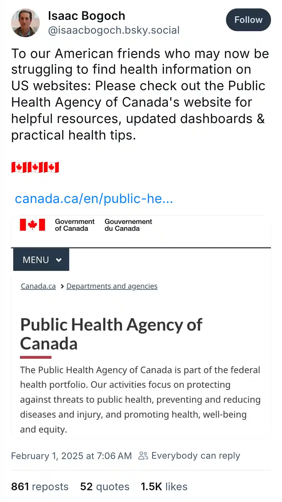 A screenshot of a social media post by Isaac Bogoch, which includes a link to the Public Health Agency of Canada's website…