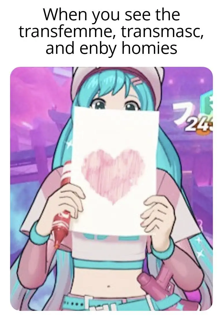An anime-style girl with turquoise hair and a pink outfit holds a white paper with a pink heart drawn on it, covering her…