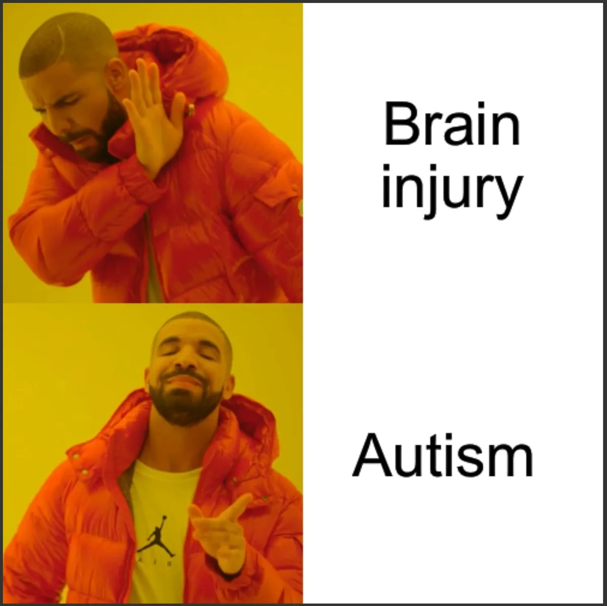 The image is split into two panels showing Drake in an orange puffer jacket against a yellow background. In the top panel…