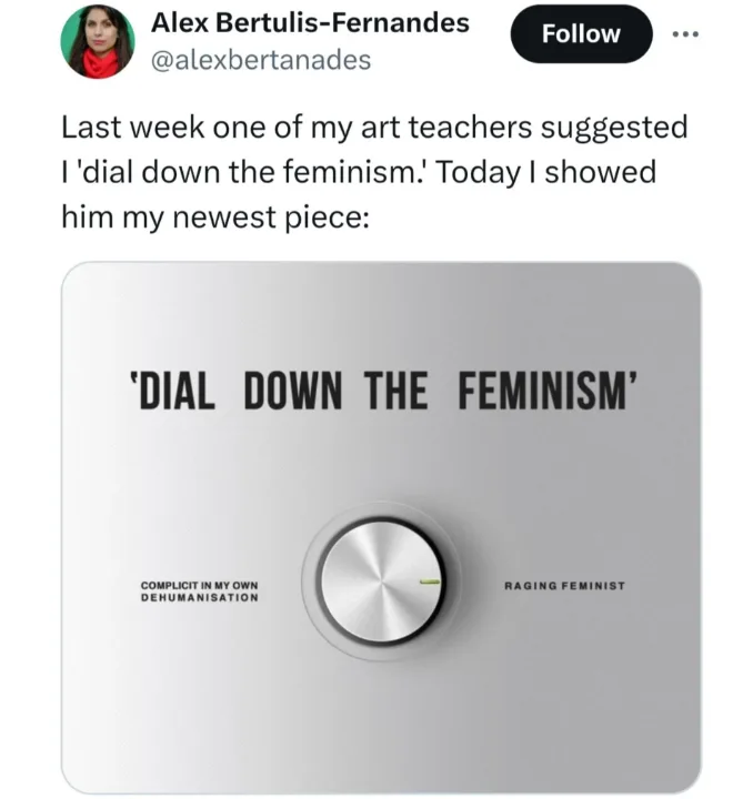 A silver control panel with a large knob labeled 'DIAL DOWN THE FEMINISM' at the top. The knob is set to the far right…
