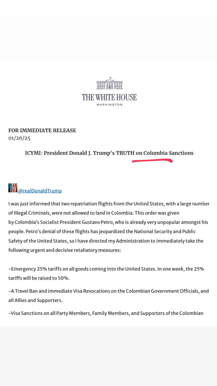 A fake White House press release dated 01/26/25, styled as an official document, claims President Donald J. Trump is…