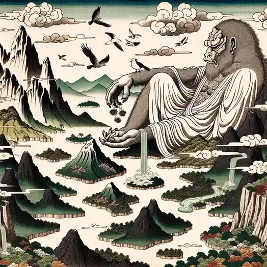 A stylized, traditional East Asian ink painting depicts a colossal, serene monkey deity seated atop a mountainous…