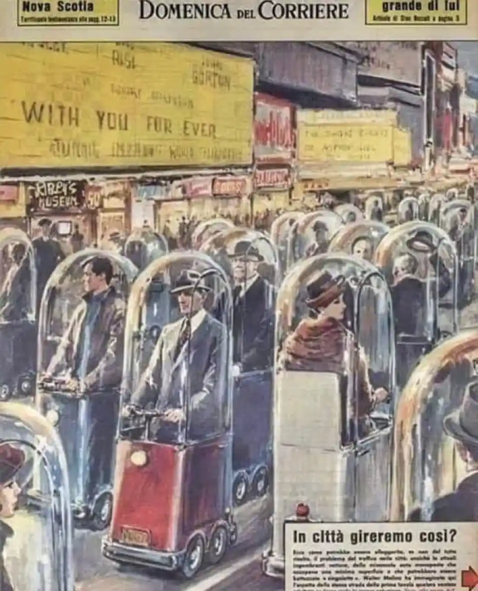 A vintage illustration depicts a crowded city street filled with people riding in individual, transparent, bubble-like…