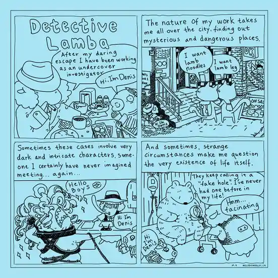 A four-panel comic strip titled 'Detective Lambda' where a detective named Denis, undercover, encounters increasingly…