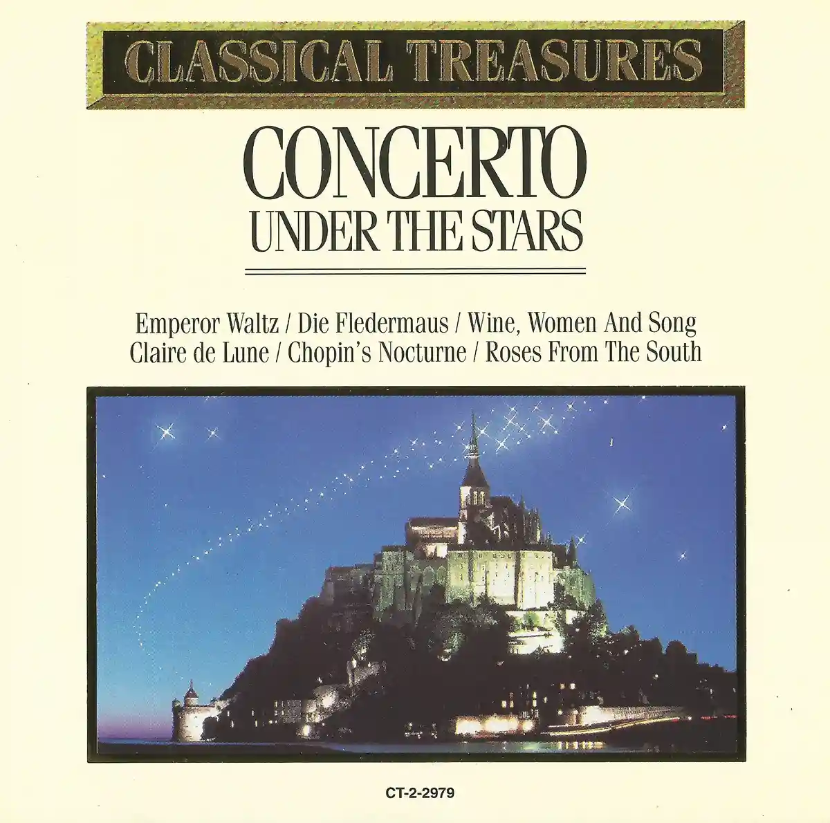 The image is a vintage album cover for 'Classical Treasures: Concerto Under The Stars,' featuring a night scene of a castle…