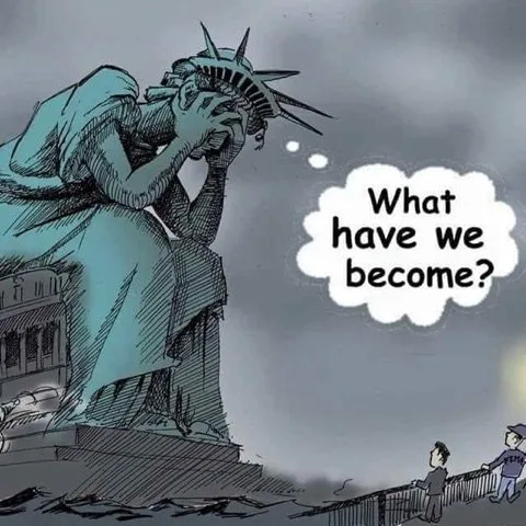 A cartoon depicts the Statue of Liberty with her hands covering her face in despair, a thought bubble above her head reading…