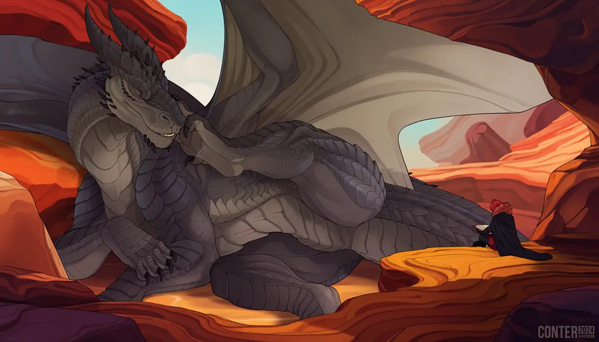 A large, grey dragon with wings spread rests peacefully in a canyon, while a small figure in a black robe and red hair sits…