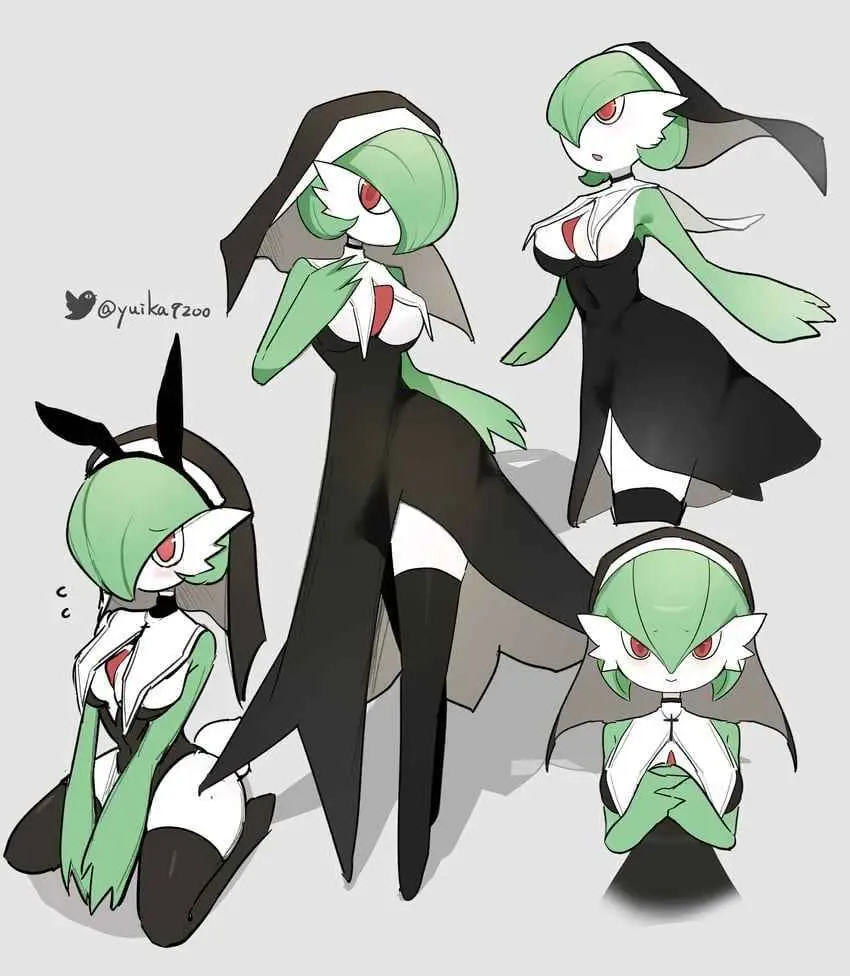 Four anime-style illustrations of the Pokémon Gardevoir, each depicted in a black and white nun outfit with a green hood and…