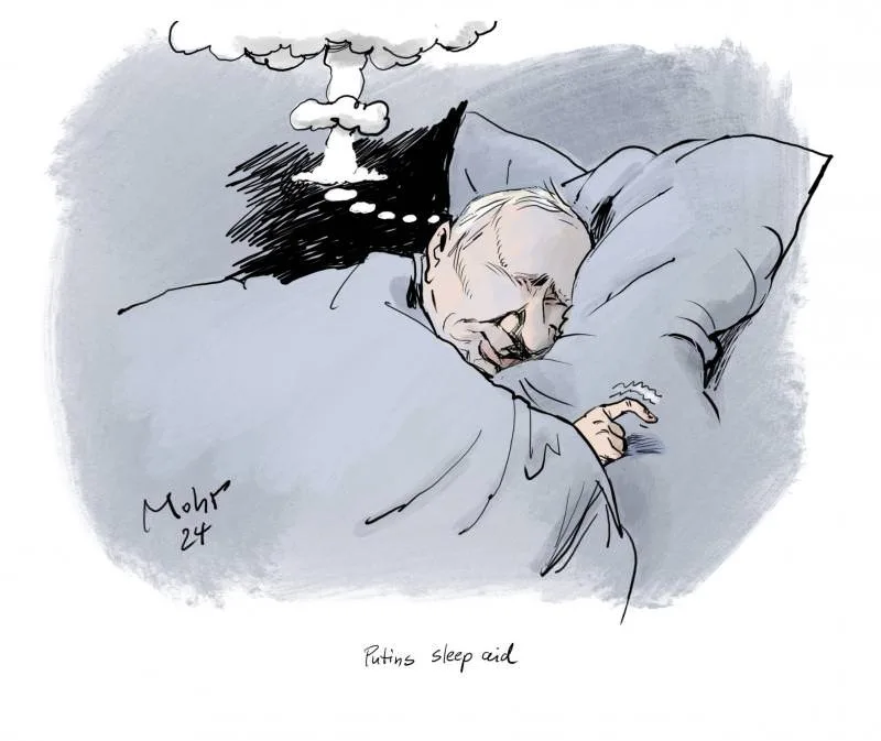 A cartoon depicts a sleeping man with a nuclear mushroom cloud floating above his head, suggesting his sleep aid is a…