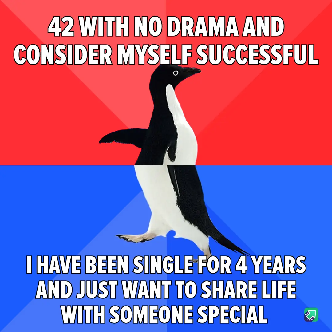 A penguin stands centered against a red and blue background, with bold white text overlaid in two sections. The top text…