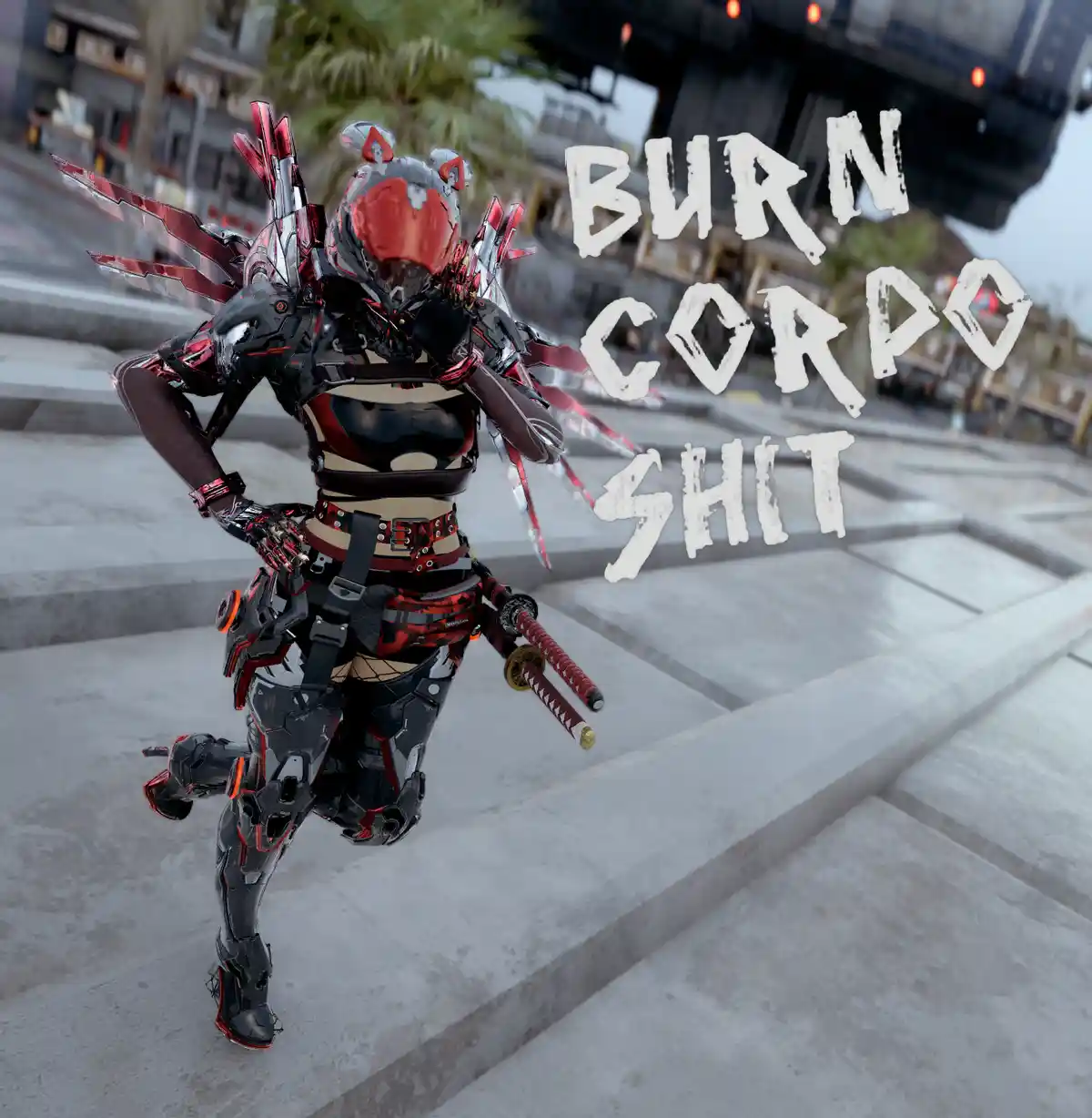 A character in futuristic red and black armor with multiple blades on their back and a katana at their hip stands on…