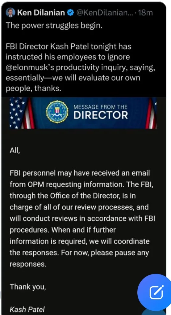 A screenshot of a tweet by Ken Dilanian showing a mock 'Message from the Director' from the FBI, instructing personnel to…