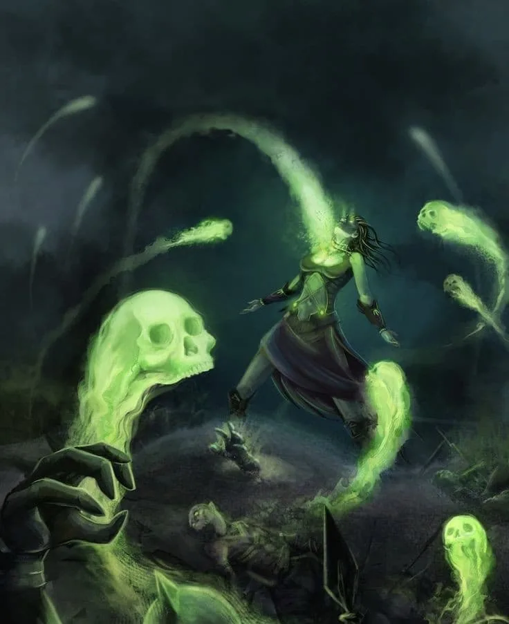 A dark fantasy illustration shows a glowing green female figure with skeletal features, surrounded by floating green skulls…