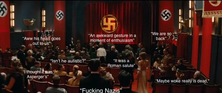 A scene from a Nazi rally with swastikas on red curtains and a podium. Overlaid text shows audience members misinterpreting…