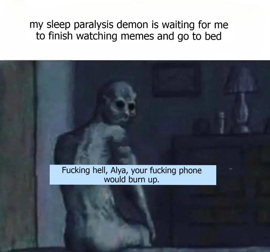 A dimly lit, eerie room features a pale, skeletal humanoid figure with large, dark eyes sitting on the floor. The figure…