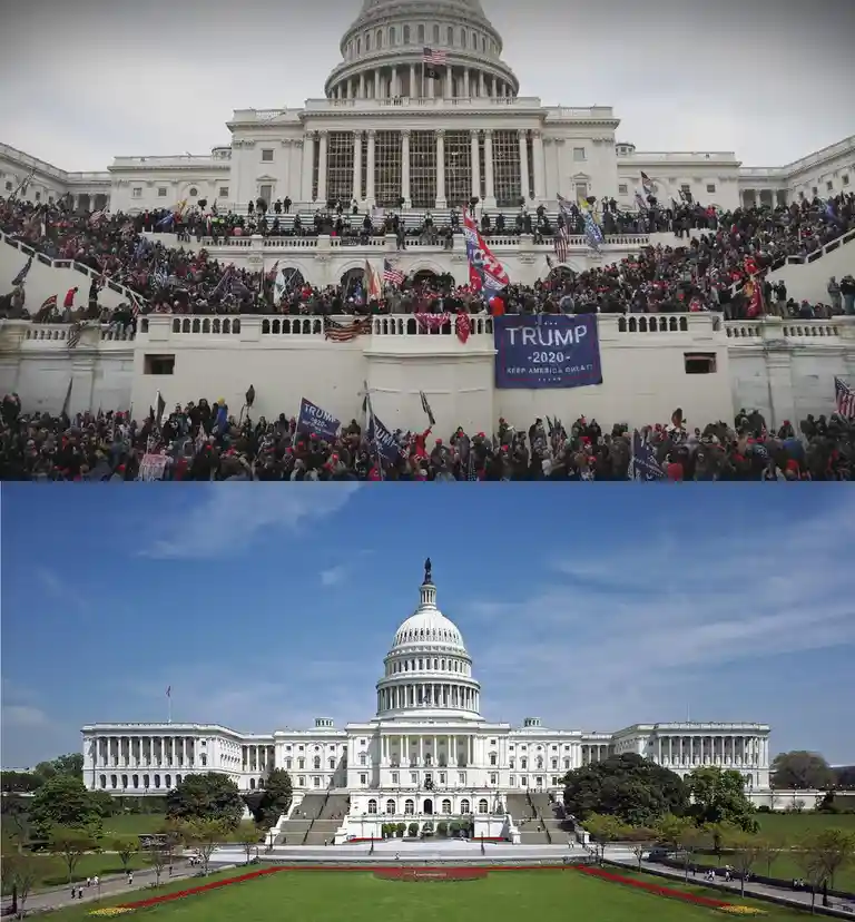The image is a two-panel meme. The top panel shows the U.S. Capitol Building overrun by a large crowd of protesters holding…