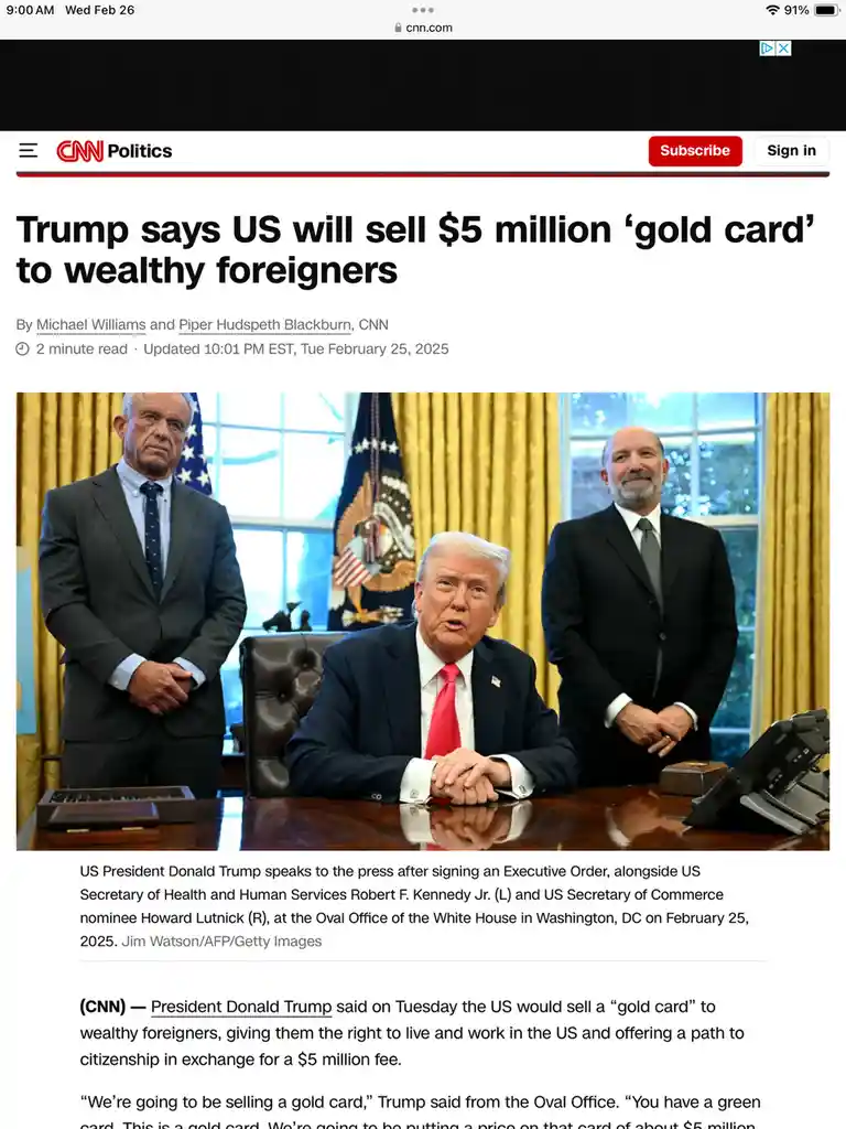 A screenshot of a CNN Politics article from February 26, 2025, showing a photo of Donald Trump seated at a desk in the Oval…