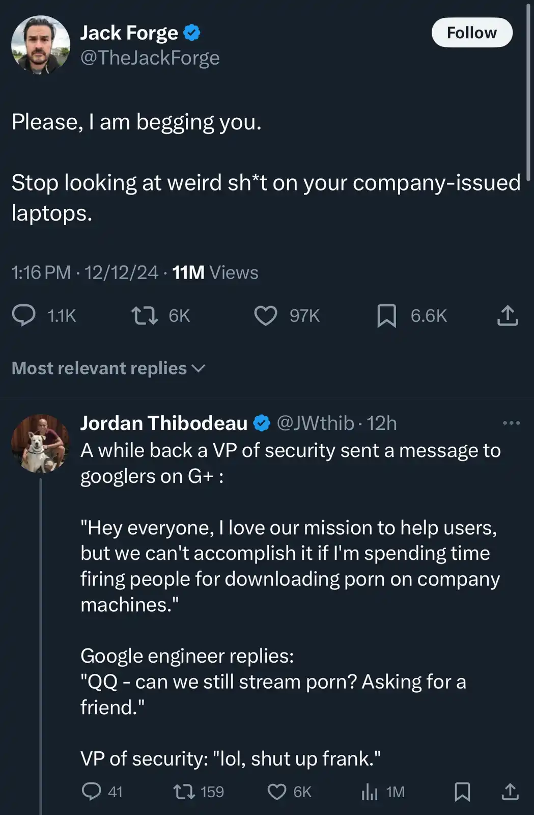 A screenshot of a Twitter thread shows Jack Forge begging people to stop looking at inappropriate content on company-issued…