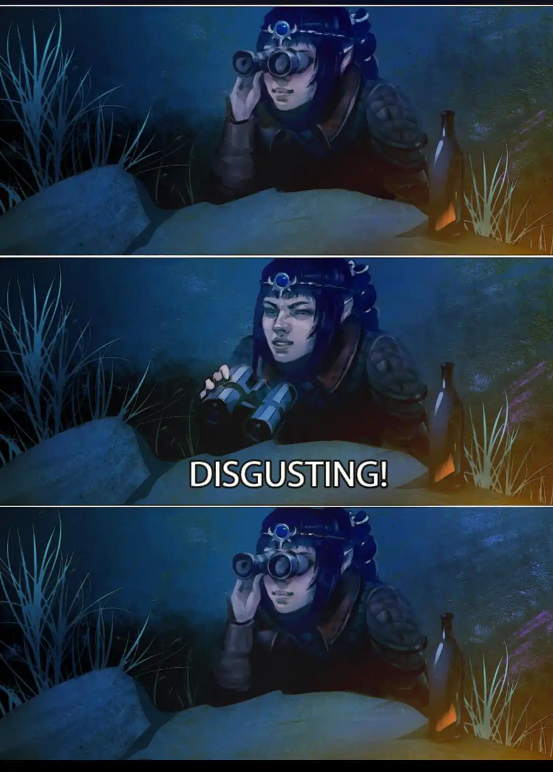 A three-panel comic strip shows an elf-like character in armor using binoculars at night. In the middle panel, they lower…
