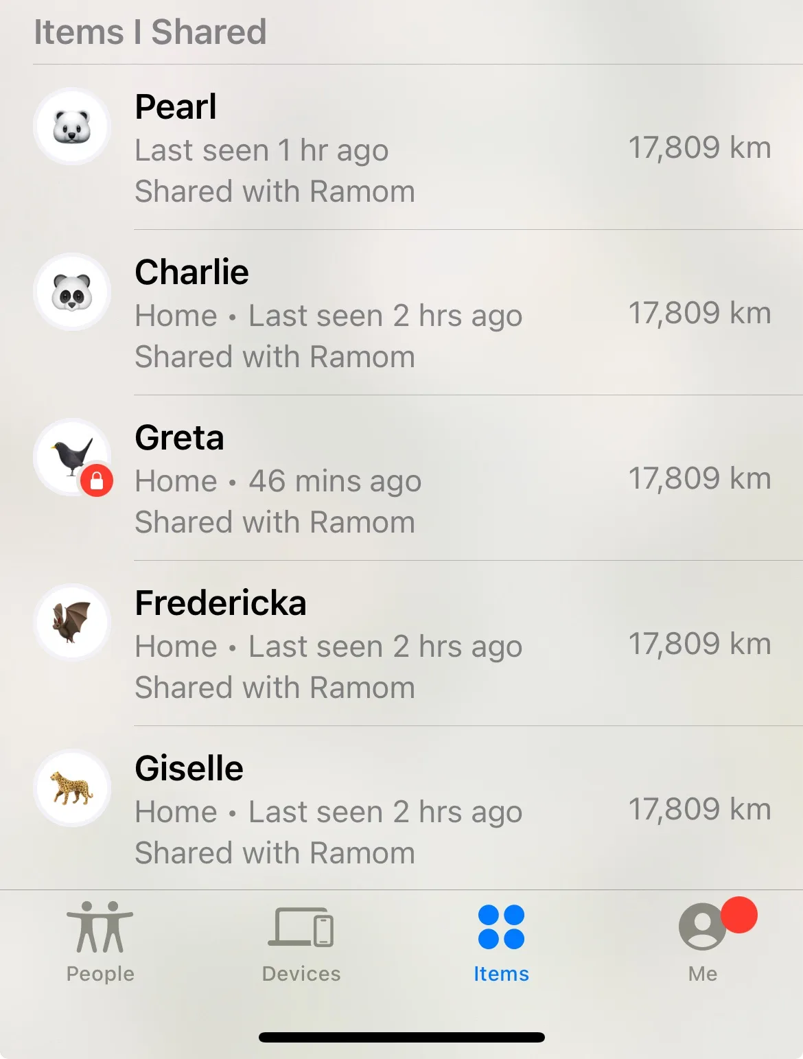 A screenshot of an 'Items I Shared' screen from an Apple device, showing a list of shared items with names like Pearl…