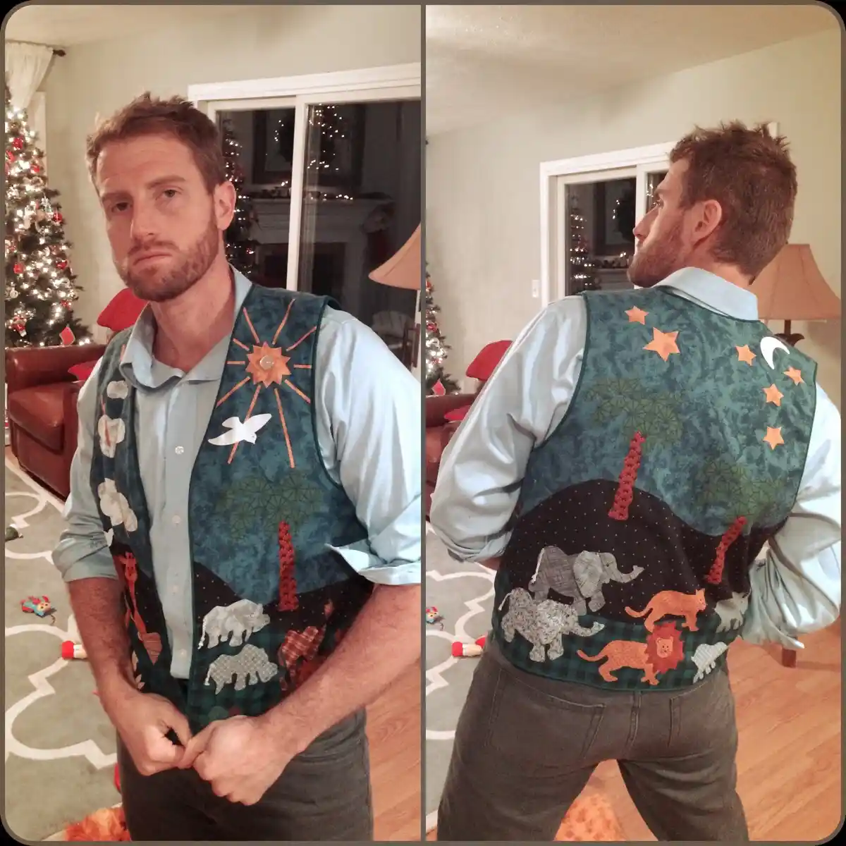 A man poses in a festive, heavily embroidered vest in a living room with a Christmas tree visible in the background. The…