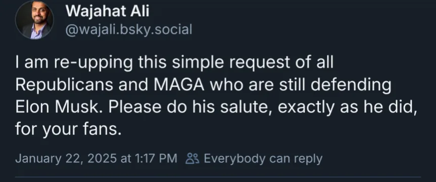 A screenshot of a social media post by Wajahat Ali, who asks Republicans and MAGA supporters still defending Elon Musk to…