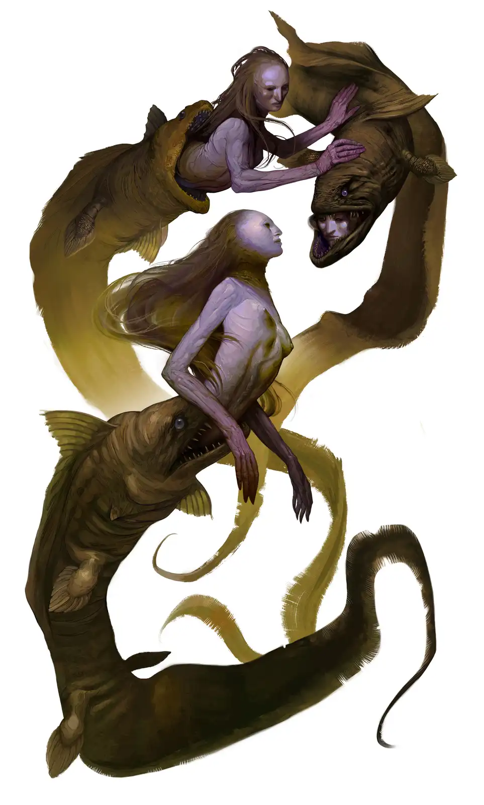 The image shows a surreal, dark fantasy illustration of three humanoid figures with long hair and pale skin, each partially…