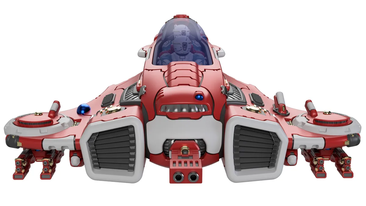 A red and white futuristic spaceship with a cockpit containing two pilots in helmets, featuring large engine vents and…