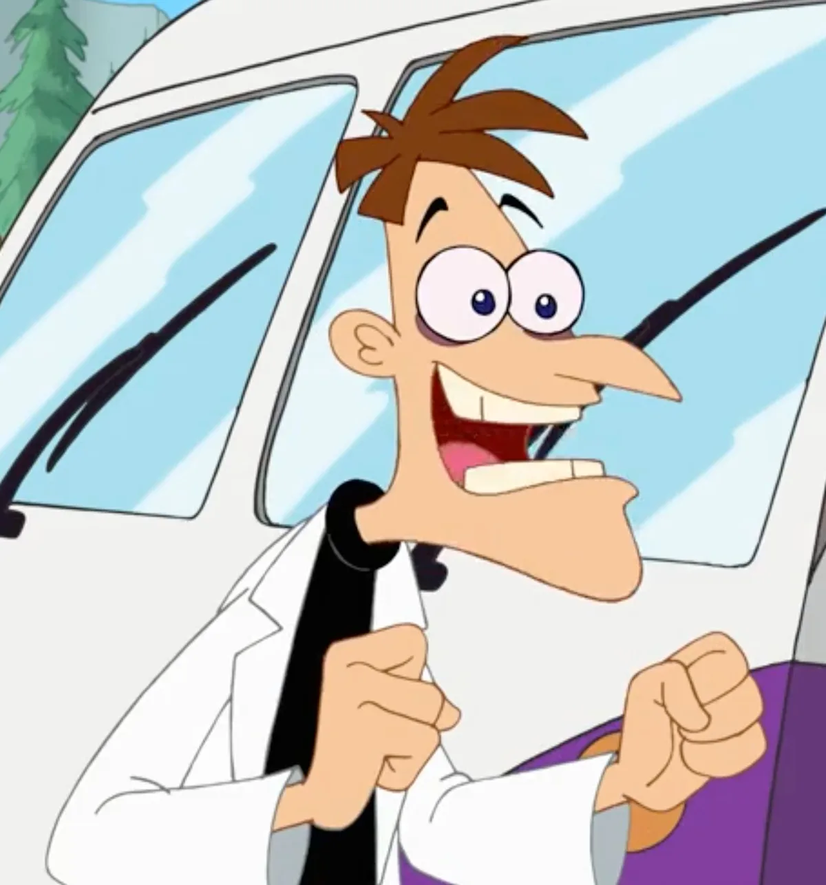 A cartoon man with brown hair, wearing a white lab coat over a black shirt and purple pants, is sitting in the driver's seat…