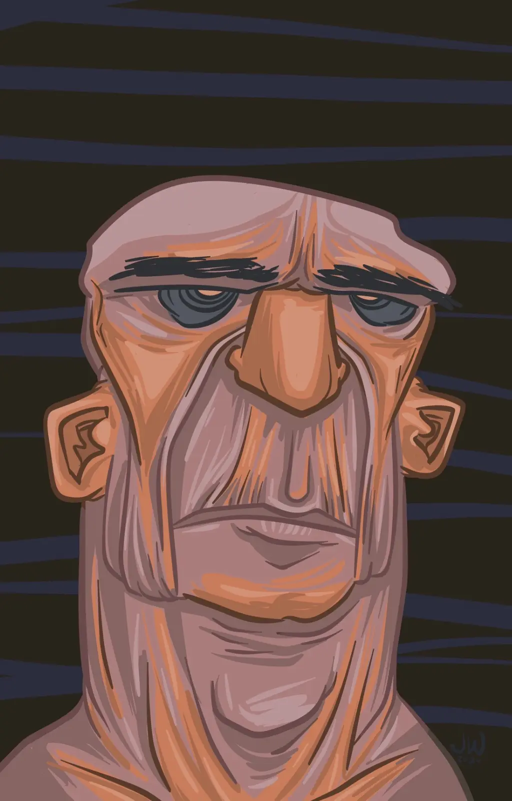 A cartoon illustration of a stern, elderly man with a large nose, bushy eyebrows, and a grumpy expression, set against a…