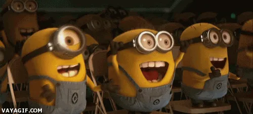 A sequence of frames shows a group of yellow, cartoonish Minions in overalls and goggles, seated in rows. They are all…