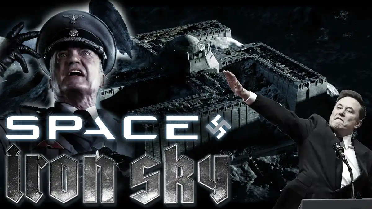 A digitally edited image features a man in a Nazi uniform with a skull insignia looking upward, next to a large, futuristic…