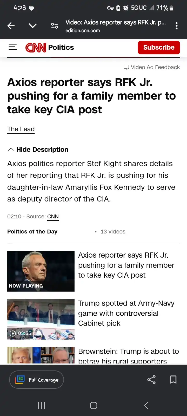 A screenshot of a CNN Politics mobile webpage showing a video headline about Axios reporter Stef Kight reporting that RFK…