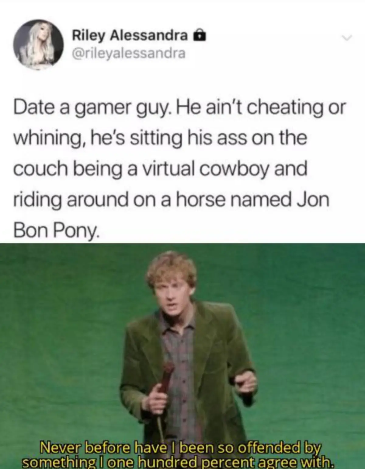 The image shows a screenshot of a tweet by Riley Alessandra, which reads: 'Date a gamer guy. He ain't cheating or whining…