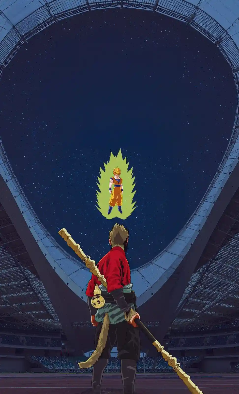 An anime character with a monkey tail and a large golden staff stands in an empty stadium, looking up at a floating Super…
