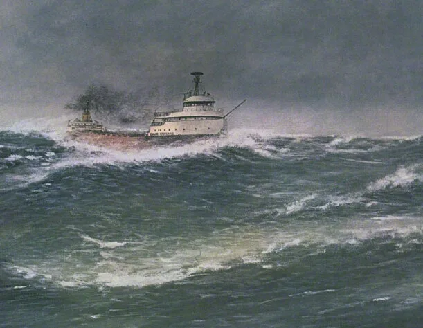 A painting depicts two ships battling rough, dark green ocean waves under a stormy, overcast sky. The larger ship, with…