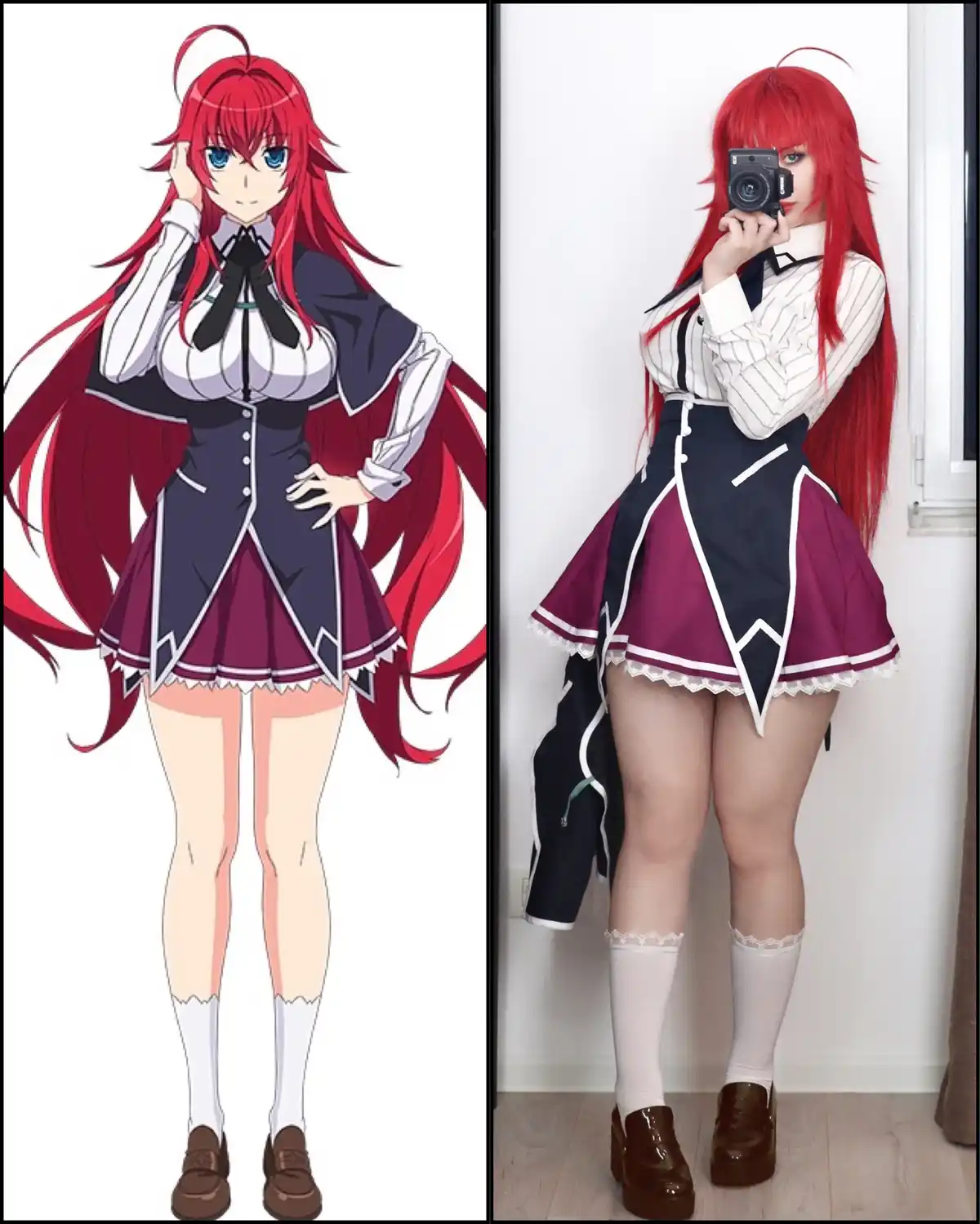 The image displays a side-by-side comparison: on the left is an anime character with long red hair, blue eyes, and a dark…