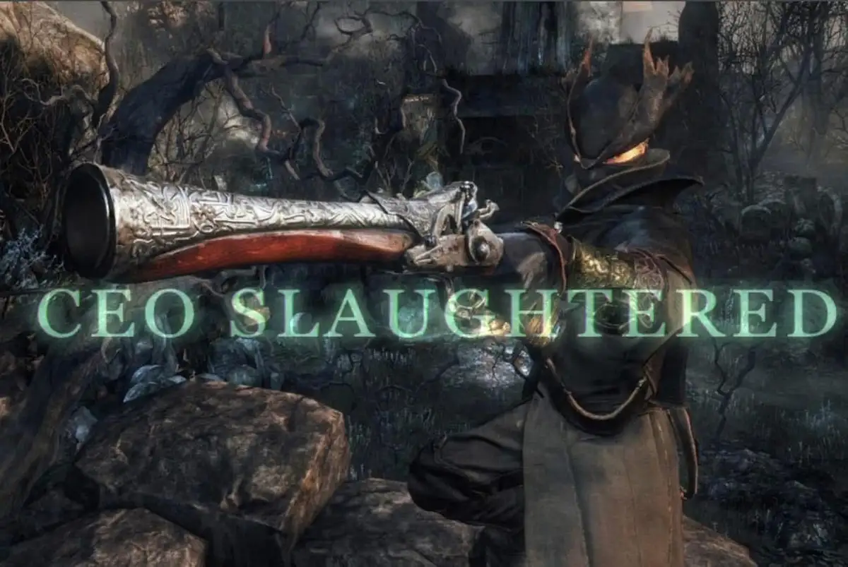 A character from the video game Bloodborne, viewed from behind, aims a large ornate flintlock pistol at the viewer. The…